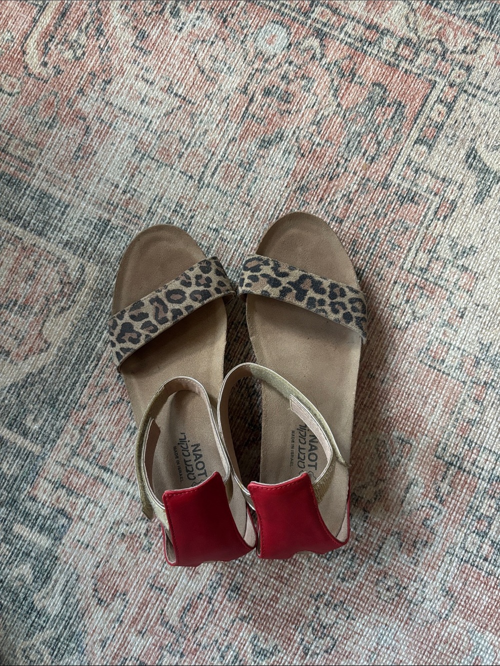 Naot Leopard Print Sandals with Red and gold ankle straps